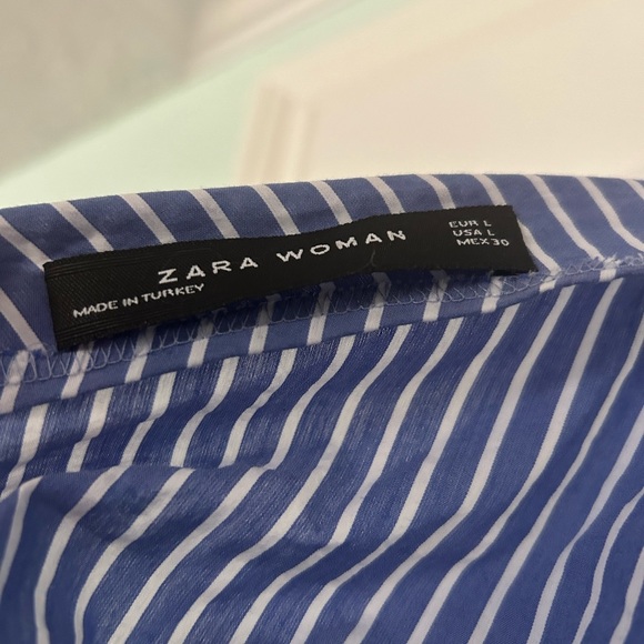 Blue & White Striped Wrap Shirt with Puffy Sleeves - Picture 2 of 3